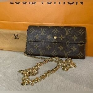 Louis Vuitton Monogram Chain Wallet in Brown with Gold Hardware